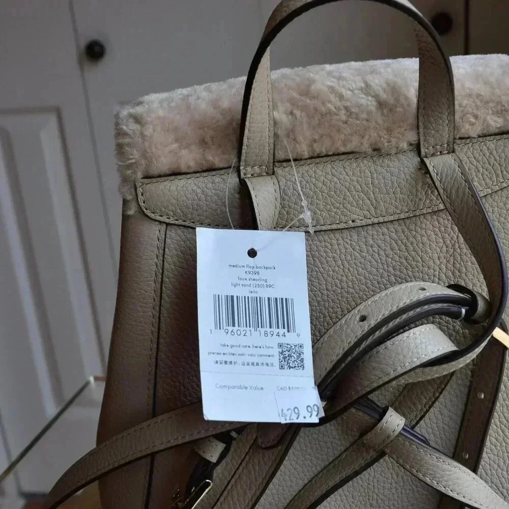 Kate Spade K9398 Leila Flap Backpack Fur Faux Shearling Light Sand